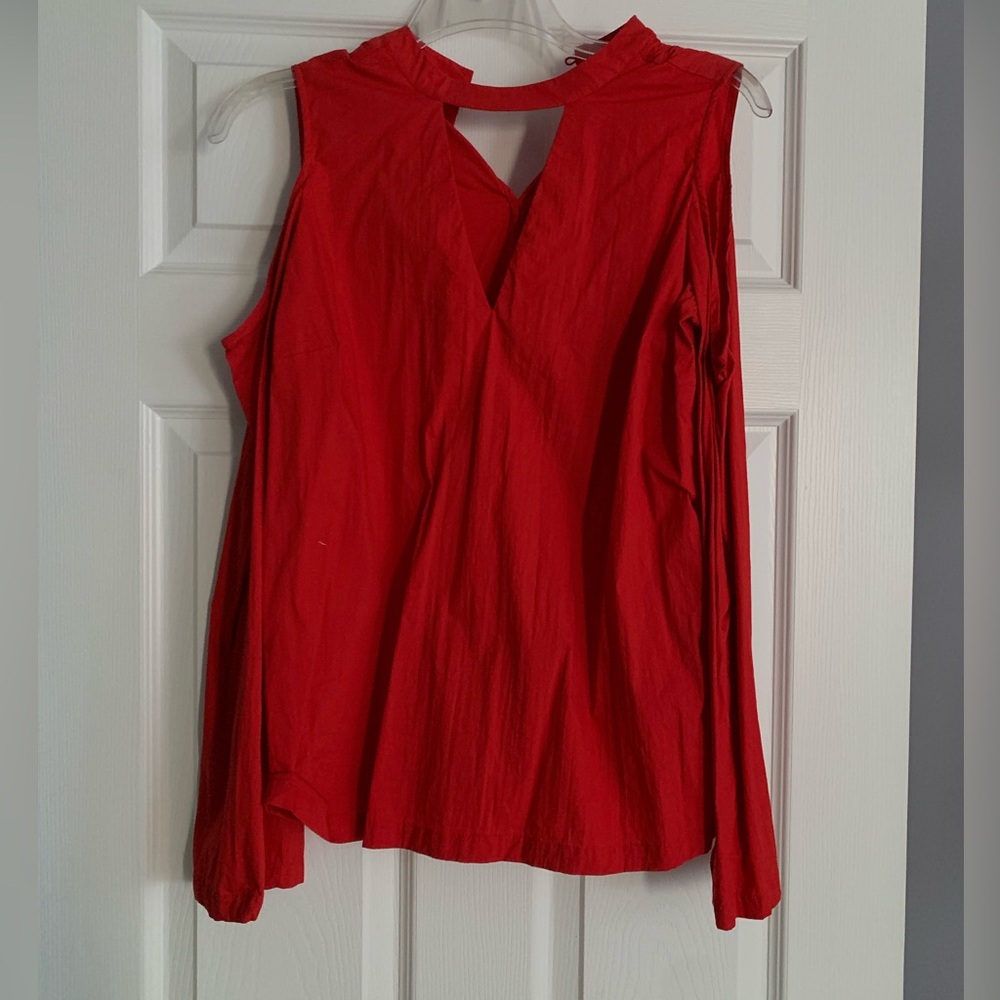 Red, open shoulder, long sleeve, v-neck